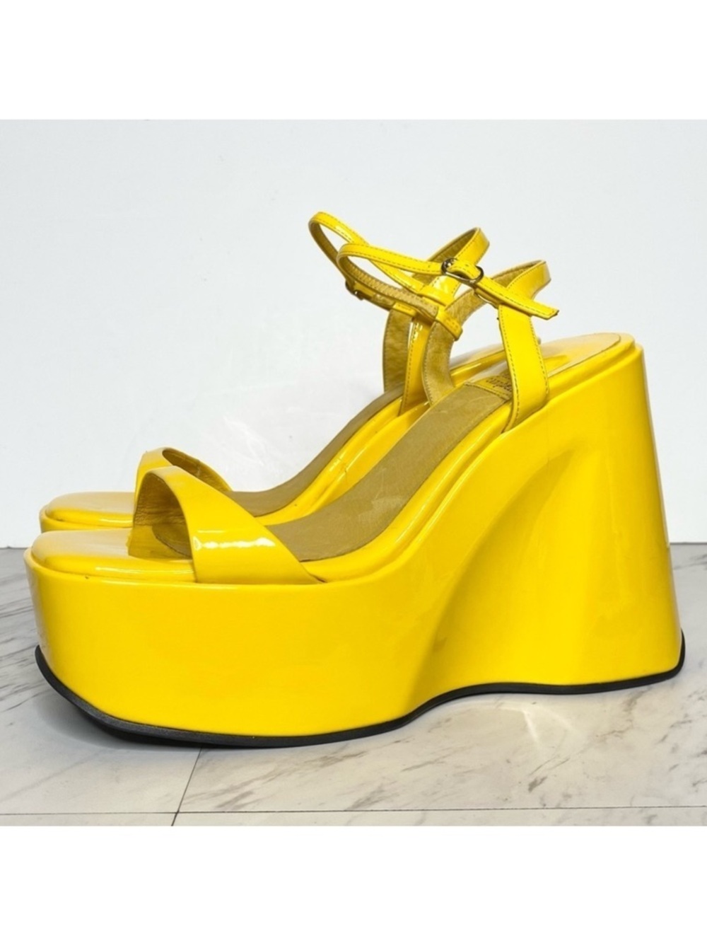 Jeffrey Campbell Exhilarate Yellow Patent Platform Wedge Sandal 9